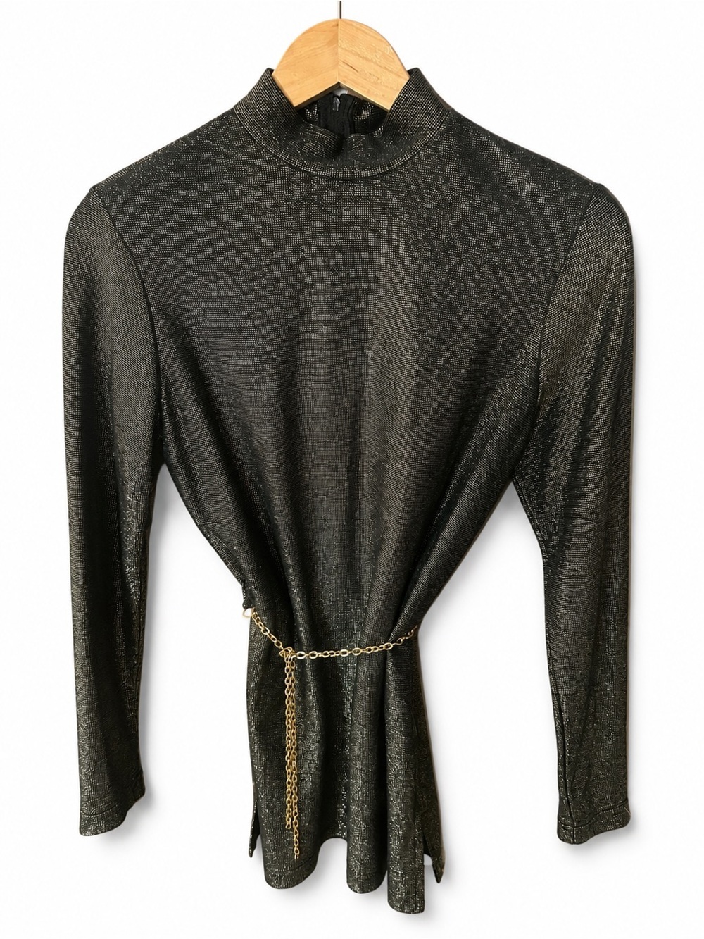 Betsy’s Things Metallic Shimmer Mock Neck Tunic Top with Gold Chain Belt